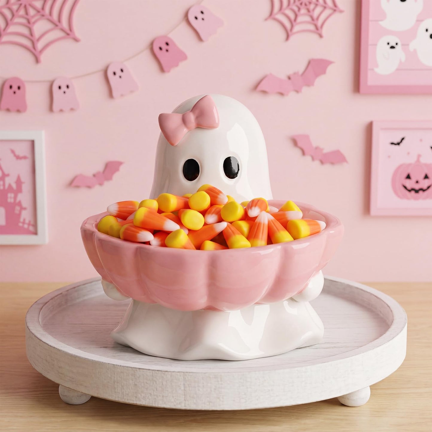 Reallnaive Halloween Candy Bowl Pink Bow Ghost Shaped Ceramic Candy Dish Ghost Serving Tray Cute Halloween Tabletop Decoration Cookie Jar for Party Supply