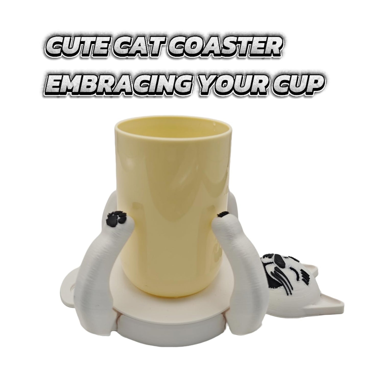 Funny Cat Coasters Cup Cuddler, 3D Printed Creative Coasters for Drinks, Bars, Party, Birthday Gifts for Cat Lovers, Home Decor Housewarming and White Elephant Gifts Ideas (Black+White)