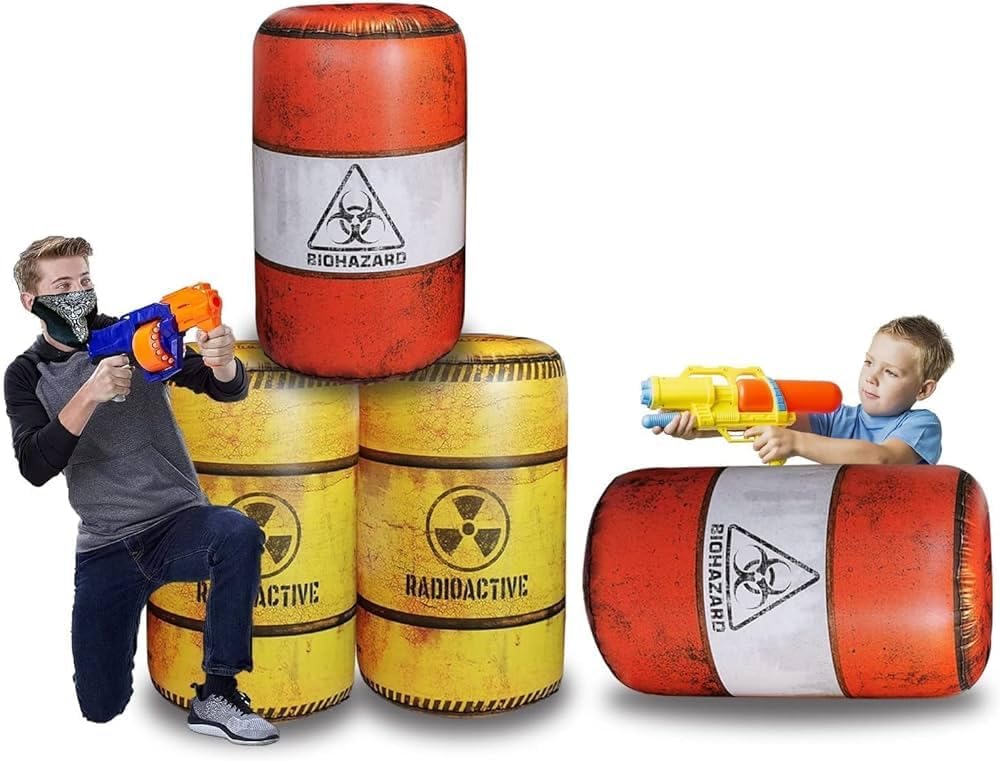 12-Piece Inflatable Combat Battlefield Set — Includes 6 Barrels, 3 Army Boxes, 3 Sandbag Barricades for Laser Tag, Water Gun, Dart Blaster, and Action-Themed Parties