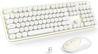 MOFII Wireless Keyboard and Mouse Combo, Computer Full Size 2.4G Plug and Play Wireless Typewriter Retro Round Keyboard and Mouse Set for Windows, Computer, Desktop, PC, Notebook - (Off White)