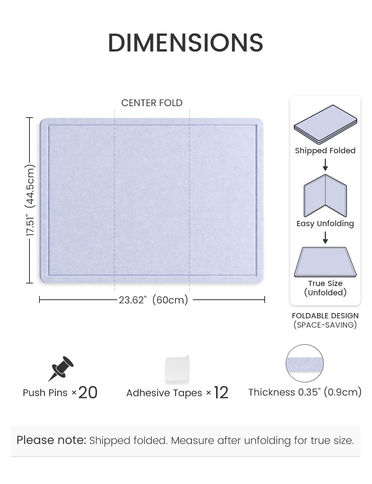 Fluxynara Bulletin Board, 23.6" x 17.5" Cork Board Alternative with 12 Safe Removable Adhesive Tabs, Foldable Felt Pin Board for Home Office, Classroom, Bedroom,Entryway for Walls—Soft Periwinkle