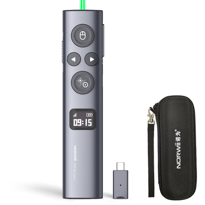 Norwii N95s BLE Presentation Clicker with Digital Pointer for PowerPoint Presentation on TV Screen and Projection Screen, Wireless Presenter Remote with Countdown Timer (Green Light-USB-C)