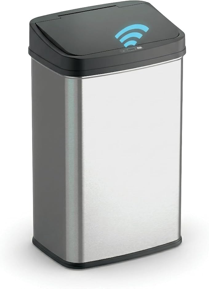 Ninestars 13 Gallon Automatic Trash Can, 50L Touchless Motion Sensor Garbage Can with Odor-Sealing Lid, Rectangular Stainless Steel, Black Trim