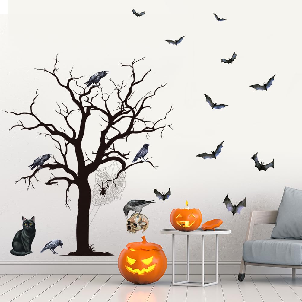 Halloween Horror Tree Wall Decals Scary Gothic Black Crow Bat Cat Wall Stickers Halloween Wallpaper Peel and Stick Removable Wall Art Decal for Bedroom Living Room