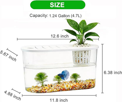 1.2 Gallon Betta Fish Tank, Desktop Aquarium with Lid & Plant Basket, Shatterproof Plastic Fish Bowl for Home Office Dorm Decor