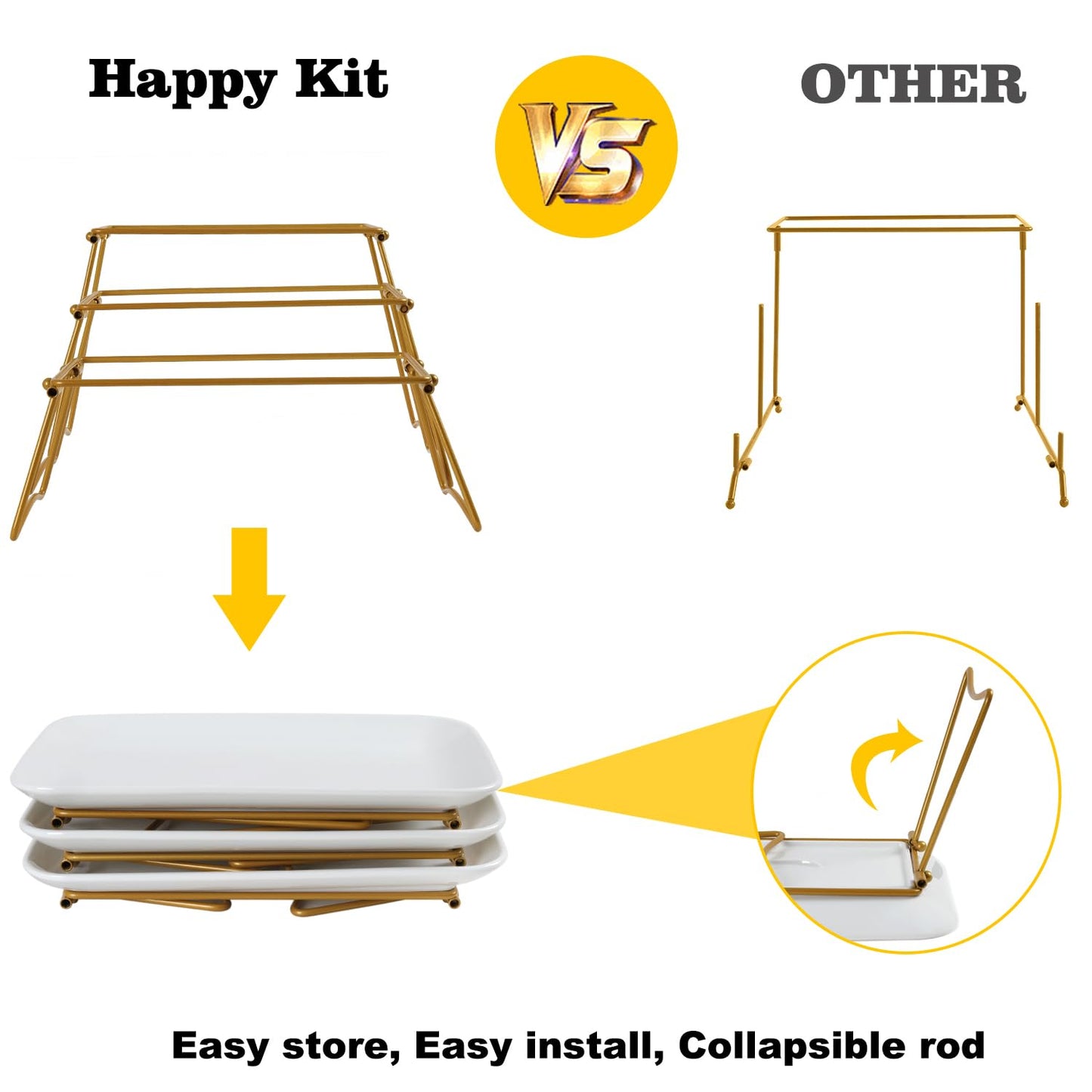HAPPY KIT 3 Tier Serving Tray Set with Gold Freely Combinable Rack,12 Inch Tiered Tray Stand,Widened Porcelain Platters,Decor Cupcake Stand for Christmas Party Display,Dessert Trays Collapsible