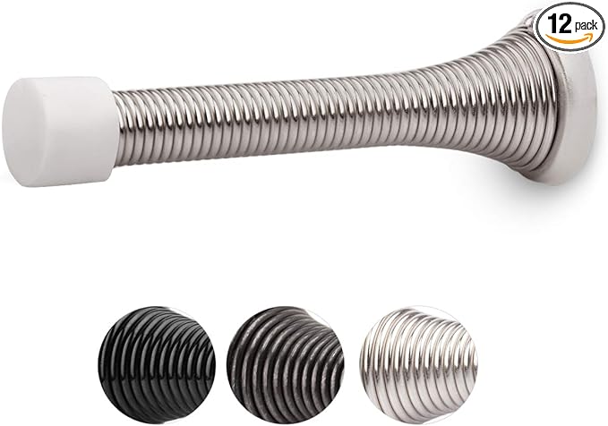 HOMOTEK 12 Pack Spring Door Stopper with Rubber Bumper 3-1/8" Flexible Heavy Duty Wall Door Stop Low Mounted Bumper for Home (Satin Nickel)