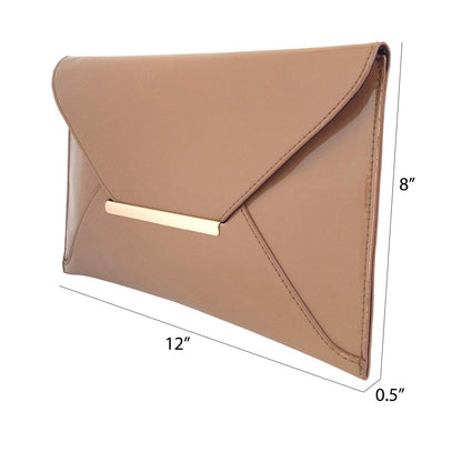 JNB Faux Patent Leather Envelope Candy Clutch Bag with Gold Hardware Zippered Pocket,Taupe