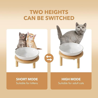 Havniva Elevated Cat Bowls Raised Ceramic Cat Bowl, 5.7” Wide Opening Cat Food Bowl Whisker Friendly Cat Dish Anti-Slip with Bamboo Stand, Shallow Pet Food & Water Bowl for Indoor Cats