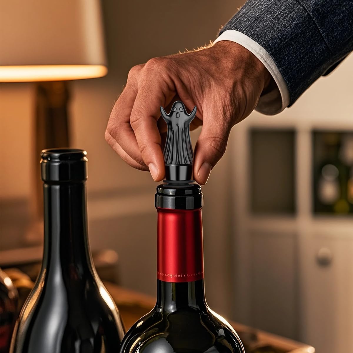 MR.BARWARE Ghost Wine Stopper – Spooky Gift for Men Women, Black Ghost-Shaped Bar Accessory with Gift Bag, Perfect for Halloween Birthday Fathers Day Christmas