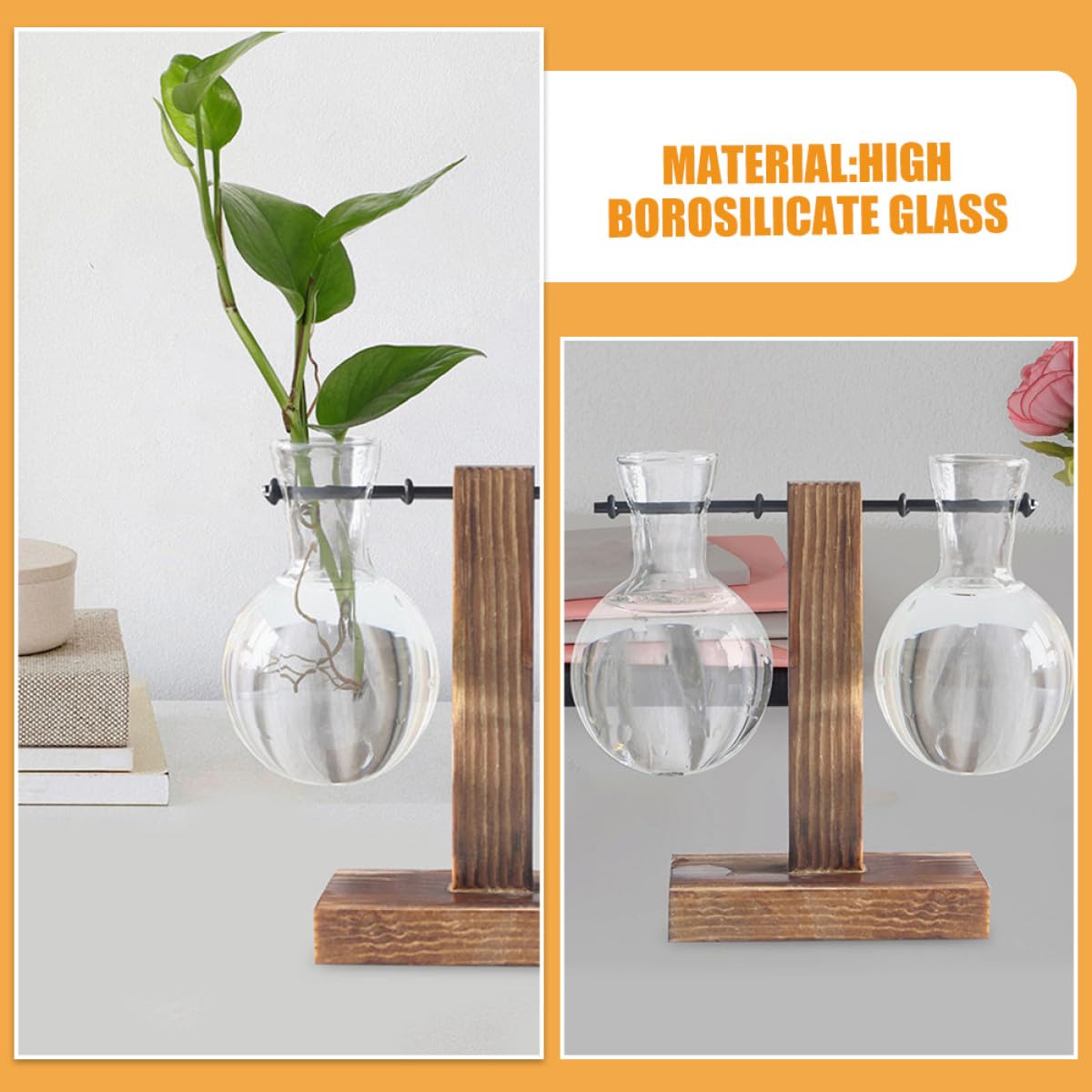 Abaodam 3pcs Hydroponic Plant Vase Glass Propagation Planter with Wooden Stand High Borosilicate Glass Bulb Vase for Desktop Indoor Plant Terrarium Gardening Decor