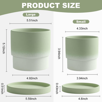 4PCS Flowerpot with Tray Ceramic Planters Small Planters for Indoor Plants Plant Pots Indoor with Drainage Small Succulent Clay Planter Pots (Green)