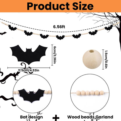 Vellibring 6.56Ft Halloween Garlands Decorations,Spooky Black Felt Bats Garland with Wooden Beads Halloween Adjustable Farmhouse Banner for Room Indoor Party Wall Fireplace Doorway Decor