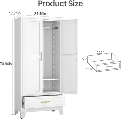 winiowa Metal Armoire Wardrobe Closet with Drawer, 71" Wardrobe Cabinet with Adjustable Shelves and Hanging Rod, Clothing Storage Cabinet Closet for Bedroom-White