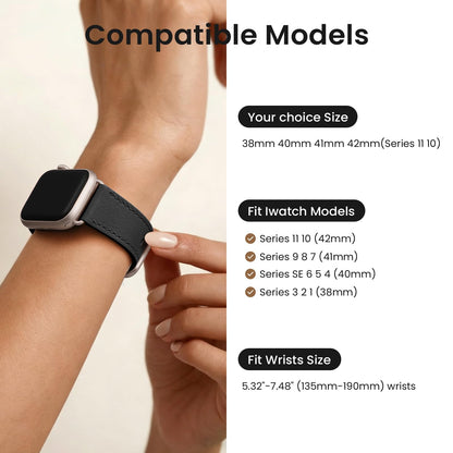 POWER PRIMACY Leather Bands Compatible with Apple Watch Band 38mm 40mm 41mm 42mm-Series 11/10,Genuine Leather Strap Compatible for Women Men iWatch SE Series 11 10 9 8 7 6 5 4 3 2 1(Black/Starlight)