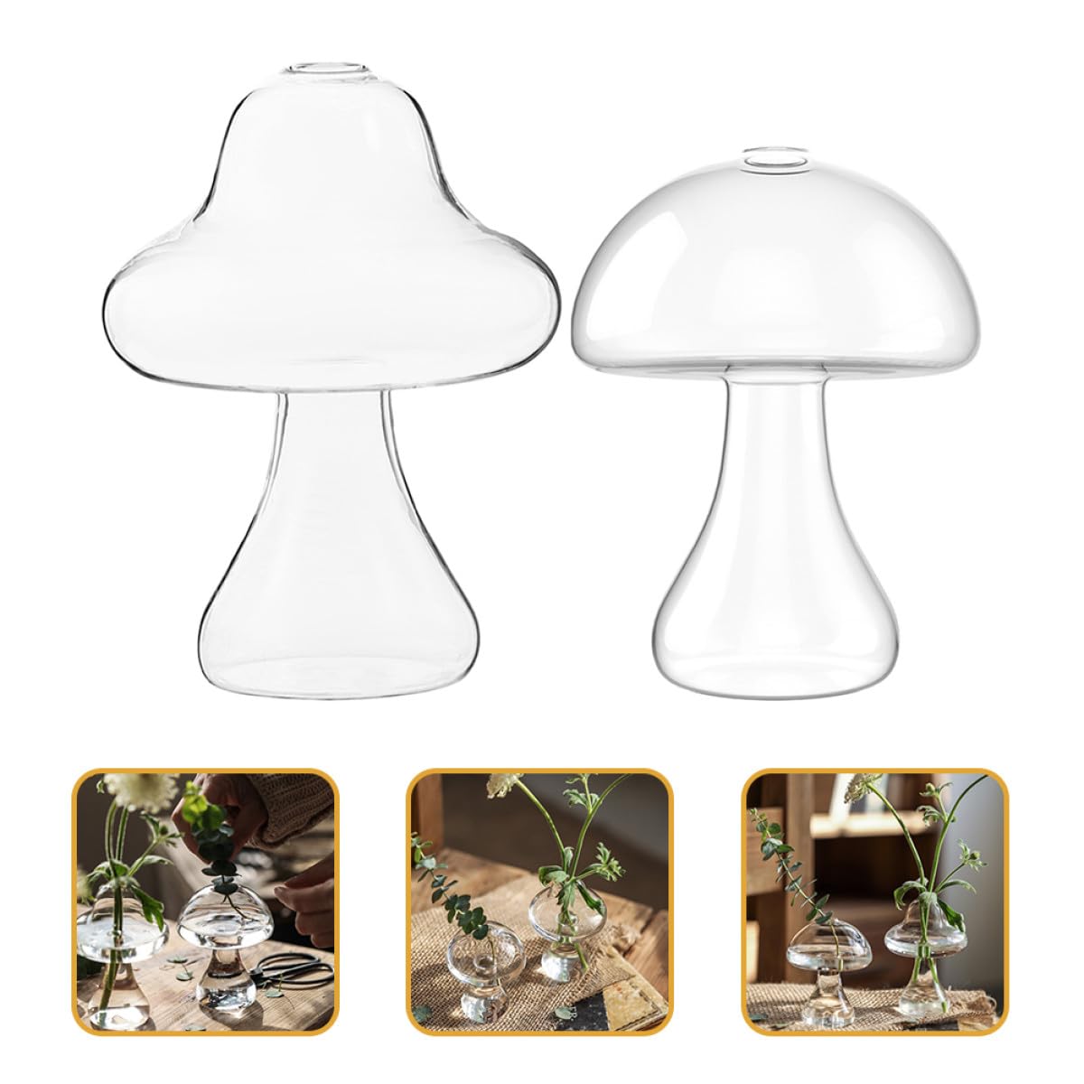 MALUGOGO 2pcs Glass Mushroom Vase Hydroponic Plant Vases Desktop Flower Pot Terrarium for Indoor Home Office Décor