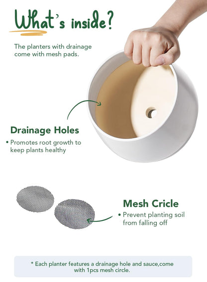 LE TAUCI Ceramic Plant Pots, 4.1+5.1+6.5 inch, Set of 3, Planters with Drainage Hole and Saucer, Indoor Flower Pot with Hole Mesh Pad, Gifts for Mom, White
