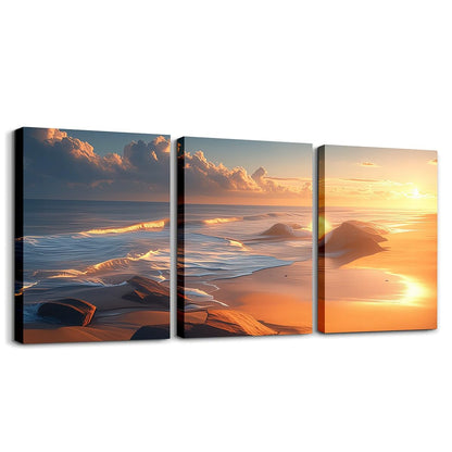 Wave Print Canvas Wall Art Set of 3 for Living Room Bedroom, Sunset Scenery Paintings Wall Decor Blue Beach Wall Art Rustic Farmhouse Poster Prints Ocean Sea Wave Decor Artwork Prints
