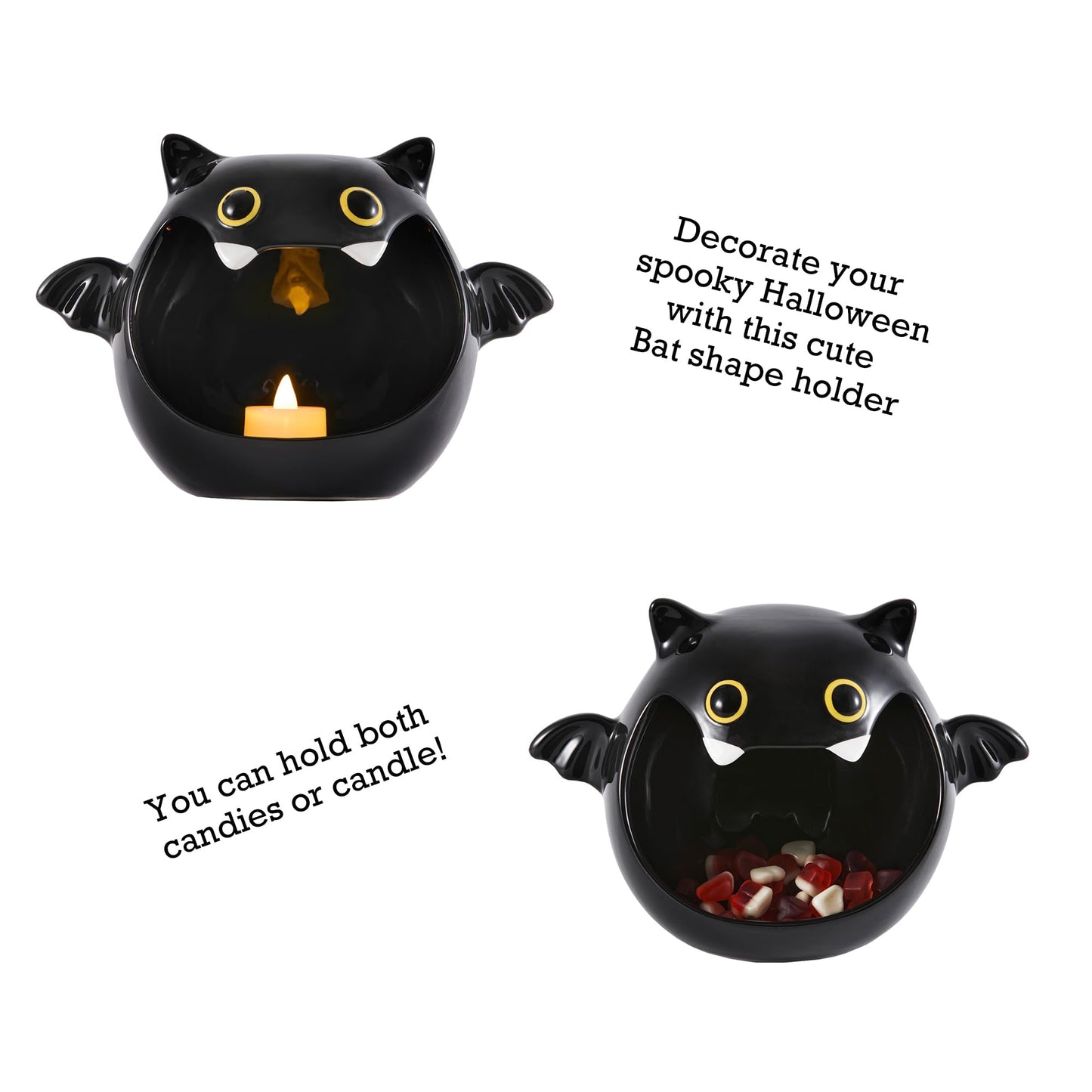 Bico Black Bat Ceramic Candy Bowl Holder with Large Opening, Dish for Candy, Cookie, Candles, Halloween Decoration, Day of The Dead Decor
