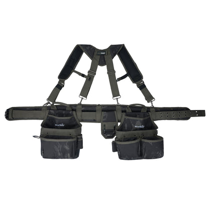 MELOTOUGH Camo Tool Belt with Suspenders Camouflage Tool Pouch Organizer Supenders Framers Combo Apron Tool Belt Construction Tool Bag Suspenders Heavy Duty Carpenter Suspension Rig (Green Camo)