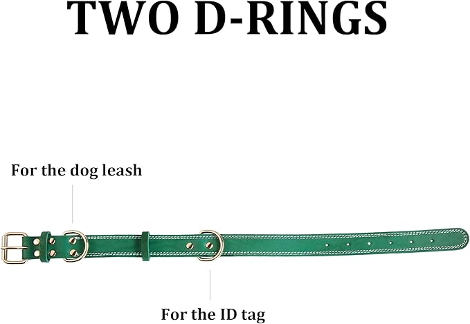 Genuine Leather Dog Collar, Heavy Duty Wide Dog Collar for Small, Medium, Large and Extra Large Dog (XL: 1.4" Wide for 18.6"-25.8" Neck, Dual Stitch - Green)