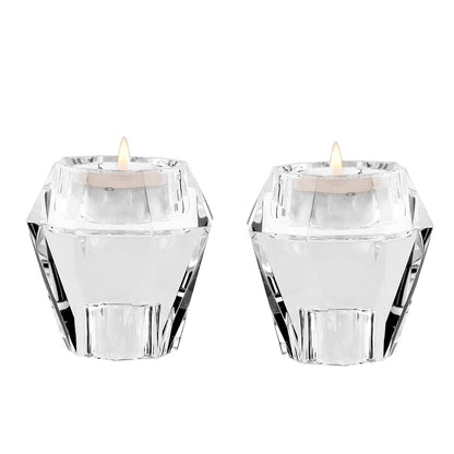 Marvala Crystal Candle Holders Pack of 2, Reversible Clear Tealight or Taper Candlesticks, Table Centerpiece Home Decor for Wedding, Dining, Party, Luxury Gift Set (Transparent)