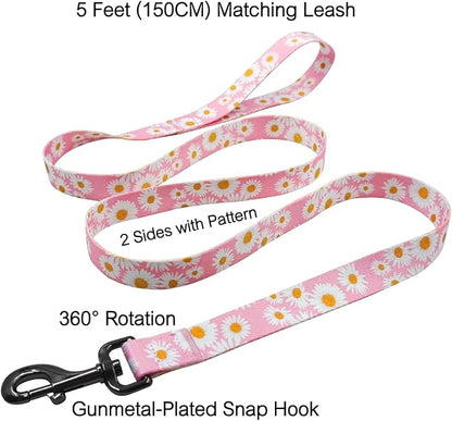 Dog Collar Leash Set, Floral Pattern, Polyester Material, Adjustable Collar and 5ft Matchcing Leash, for Large Dogs.(L, Light Pink Daisy)