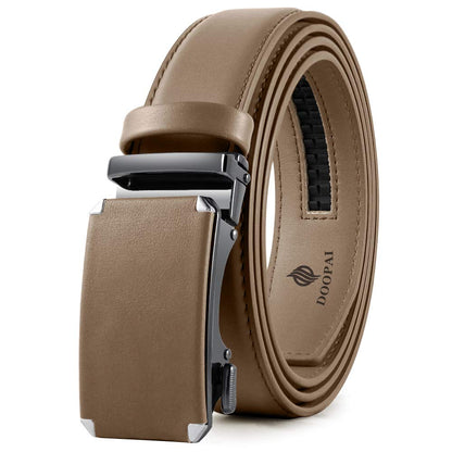 DOOPAI Men's Leather Ratchet Belt, Adjustable Belt in khaki with Sliding Length 28-36", Metal Buckle Cut to fit in the Gift BoX