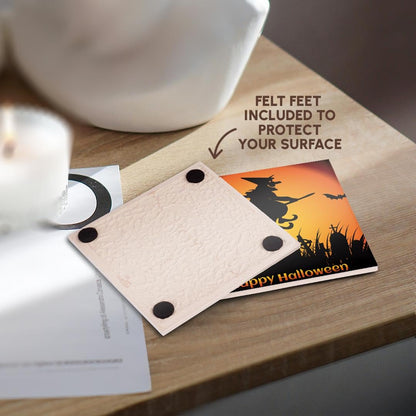 3dRose Happy Halloween with Witch on a Broom and Bats Set of 4 Ceramic Tile Coasters
