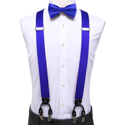 Hi-Tie Royal Blue Satin Suspender Bowtie Set for Men Suspenders Pre-tied Bow Tie Pocket Square Cufflinks Adjustable Y Shape 6 Clips Braces Tuxedo