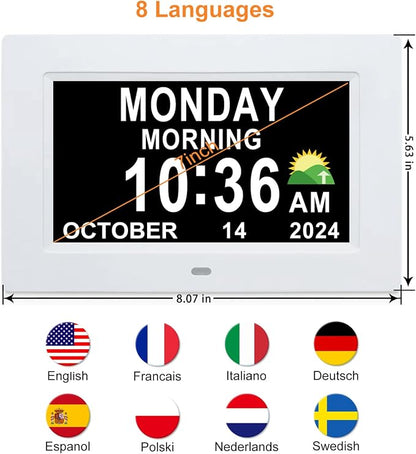 SSINI Digital Calendar Dementia Alarm Clock with Day and Date for Elderly - 15 Alarms 5 Colors Display Digital Clock Large Display Alzheimers Large Digital Clock for Seniors (7in White)