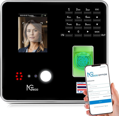 NGTeco Cloud Time Clock, Upgraded TC1 Remote Control 2.4GHz WiFi Time Card Machine for Small Business with Software & App for iOS/Android, Includes 5 RFID Cards No Monthly Fees