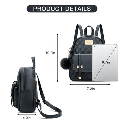 KKXIU Girls Small Backpack Purse Vegan Leather Quilted Mini Daypack for Women Trendy Bookbag (Black)