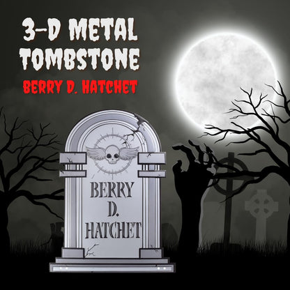 3-D Metal Halloween Ghost XL 17" Tombstone w Stakes -BERRY D HATCHET- Durable, Rustproof, UV Raised Printing- Upgrade Your Haunted House Mansion w Cemetary Lawn Decor- No More Flimsy Foam Graveyards