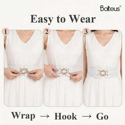 Womens Wide Waist Belt for Dresses High-Resilience Stretchy Woven Elastic Belt with Anti-Scratch Gold-Tone Interlocking Buckle for Office Date Modern Outfits