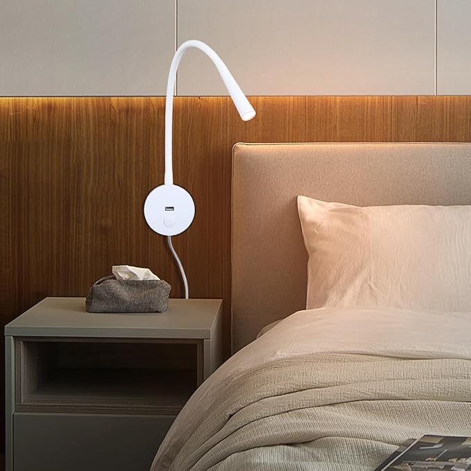 Wall Mounted Reading Lamp USB Charger Matt White LED 3W Warm White 3000K Plug for Reading (White USB Charger Dimmer 2pcs)