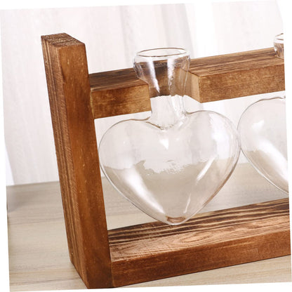 Ciieeo 2Pcs Heart Shaped Glass Hydroponics Planter with Retro Wooden Rack Temperature Resistant Vase for Flower Arrangement and Indoor Plant Propagation Decorative Terrarium for Home