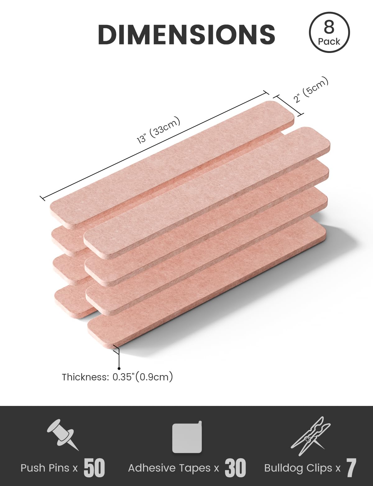Fluxynara Cork Board Alternative Felt Strip Board 8-Pack 13"x2", Office Pin Board with 50 Push Pins, Adhesive Install for Bedroom Door & Home Office (Pink)