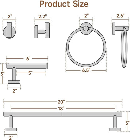 USHOWER Matte Black Bathroom Hardware Set, Modern 18-Inch Towel Bar Set Wall Mounted, Durable SUS304 Stainless Steel Bathroom Accessories Set, 8-Piece