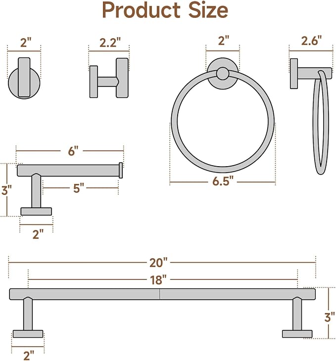 USHOWER Brushed Nickel Bathroom Hardware Set, Modern 18-Inch Towel Bar Set Wall Mounted, Durable SUS304 Stainless Steel Bathroom Accessories Set, 8-Piece