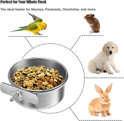 Parrot Feeding Cups Stainless Steel Bird Cage Feeder & Water Bowl - Chew-Proof Food Bowls with Clamp Holder for Parrot, Cockatiel, Conure, Budgie, Macaw, and Small Animals (M - 1Pc)