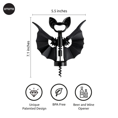 OTOTO Vino Spooky Bat 2-in-1 Wine & Beer Opener, Corkscrew & Bottle Opener - Goth Wine Accessories & Gifts for Wine Lovers