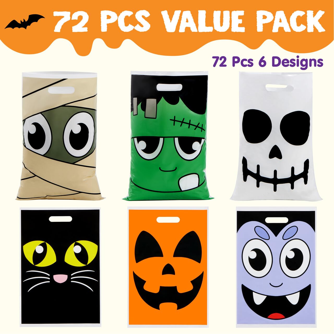 JOYIN 72 Pcs Halloween Goodie Bag for Trick-or-Treating, Plastic Snacks Bags for Kids Party Favors, Halloween Trick or Treat Candy Bags for Event Party Favor Supplies