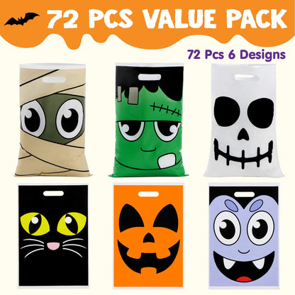 JOYIN 72 Pcs Halloween Goodie Bag for Trick-or-Treating, Plastic Snacks Bags for Kids Party Favors, Halloween Trick or Treat Candy Bags for Event Party Favor Supplies