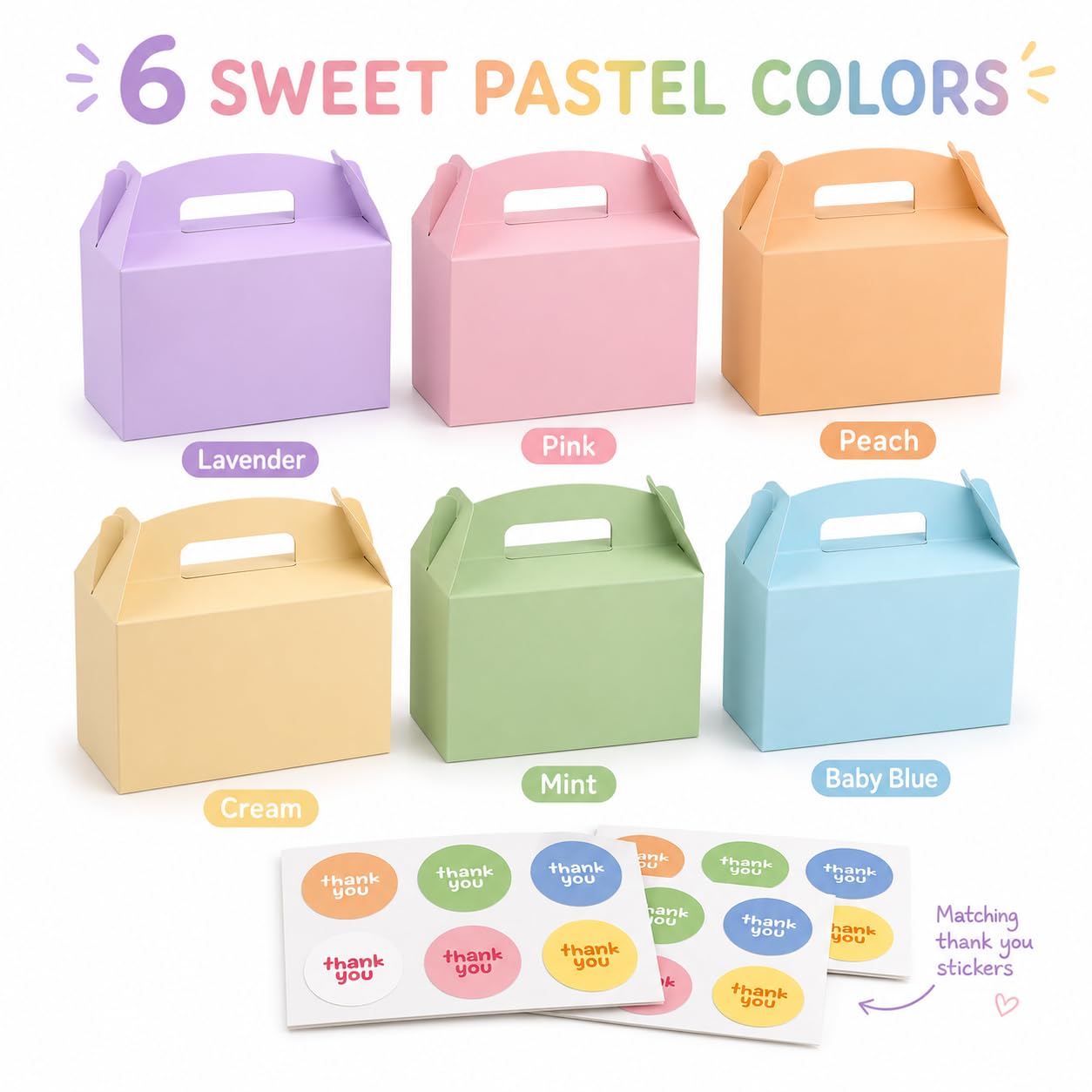 Treelement 24 Pcs Party Favor Gable Boxes with Handle and Stickers, 6×3.5×3.5 Inch Colorful Treat Boxes for Candies, Birthday, Wedding, Bridal Shower.