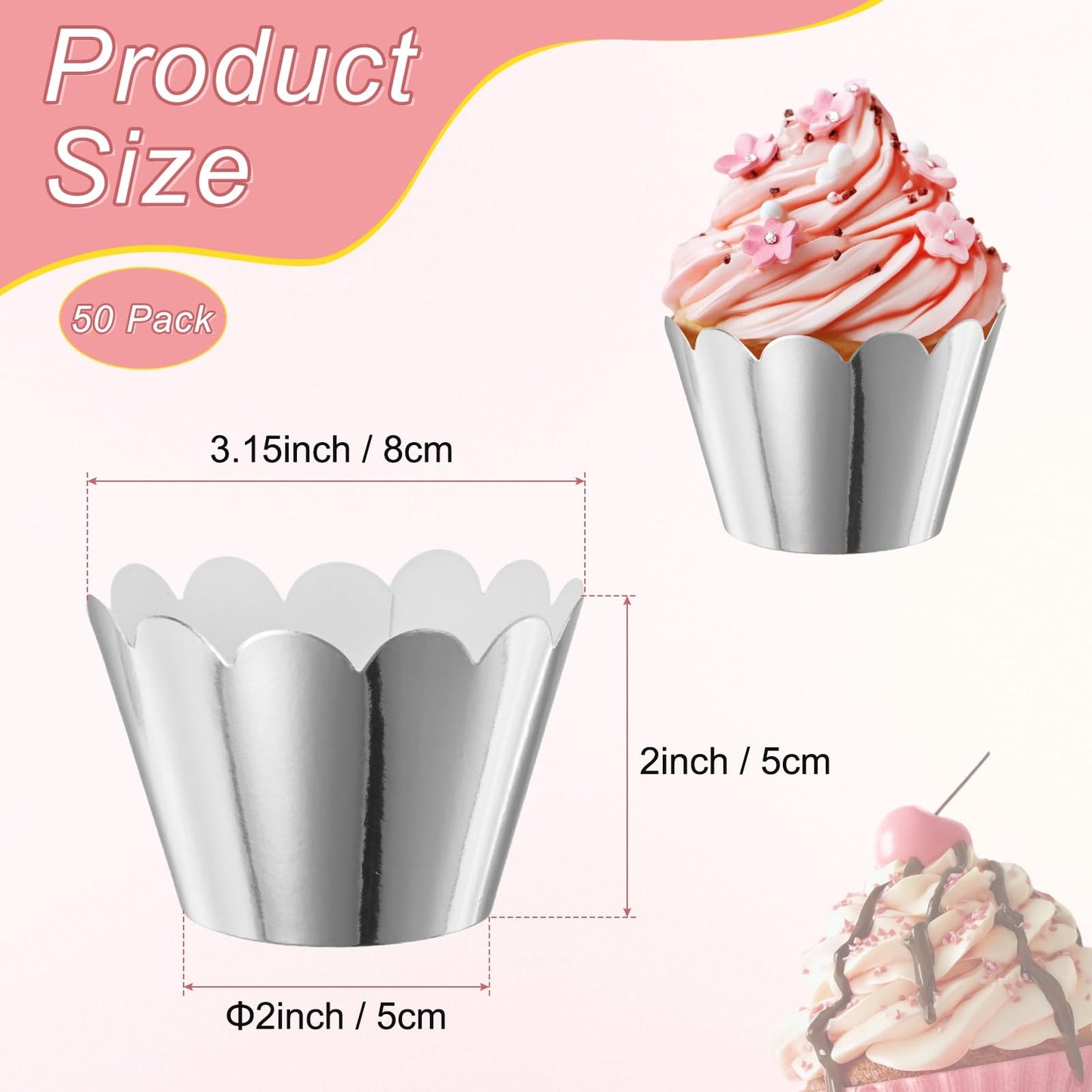 M METERXITY 50-Pack Cupcake Wrappers, Wave Decoration Standard Baking Cups for Wedding/Birthday Party/Bakeries/Cafes Cake Decoration, Bake Cake Paper[Reflective Silver]