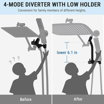 G-Promise All Metal 16 Inch Rain Shower Head with Massage Mode Handheld Spray Combo, 3-Way Diverter with Pause Setting, Full Body Coverage, Modern Bathroom Upgrade (Matte Black)