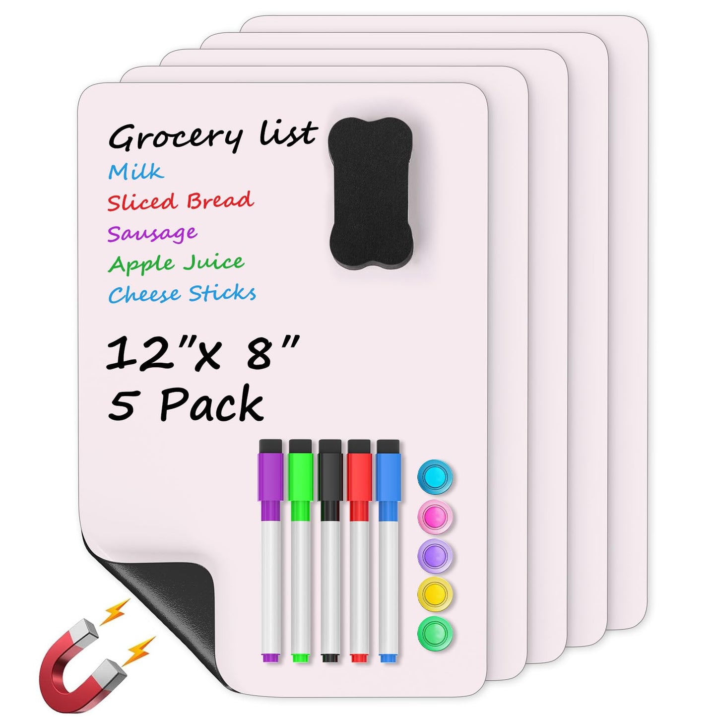 MaxGear 5 Pack Pink Magnetic Whiteboard for Fridge, 12 x 8 Inch Dry Erase Board for Refrigerator, Reusable Kitchen Planner, Magnetic Writing Board for Home, Includes 5 Markers, 5 Magnets and 1 Eraser