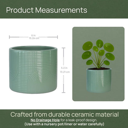 ÈMJÉ LUXE 6 Inch Ceramic Plant Pot – Decorative Indoor Planter (No Drainage Hole) for Succulents, Herbs & Houseplants – Modern Tabletop Desk Planter – Sage Green