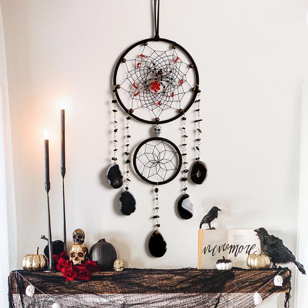 Spider Dream Catchers Black Gothic Dream Catcher Wall Hangings Vintage Crystal Suncatcher Hanging Window Panel Ornaments for Adults Boys